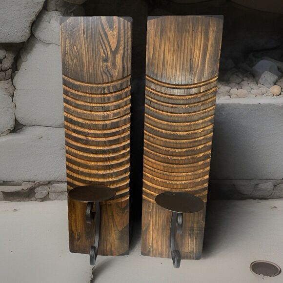 2 Vintage Handmade Pine/Wrought Iron Primitive Boho Wall Hanging Candle Holders - Picture 1 of 6